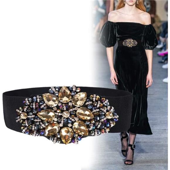 Women Rhinstone Belt FullCrystal Buckle Cummerbund WideElastic Waistband 7Colors - Picture 2 of 7